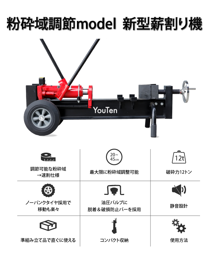 1円 限定1台 YT-MK2M 薪割り機 12t 粉砕調節幅45cm 20cm 薪割機 まき 