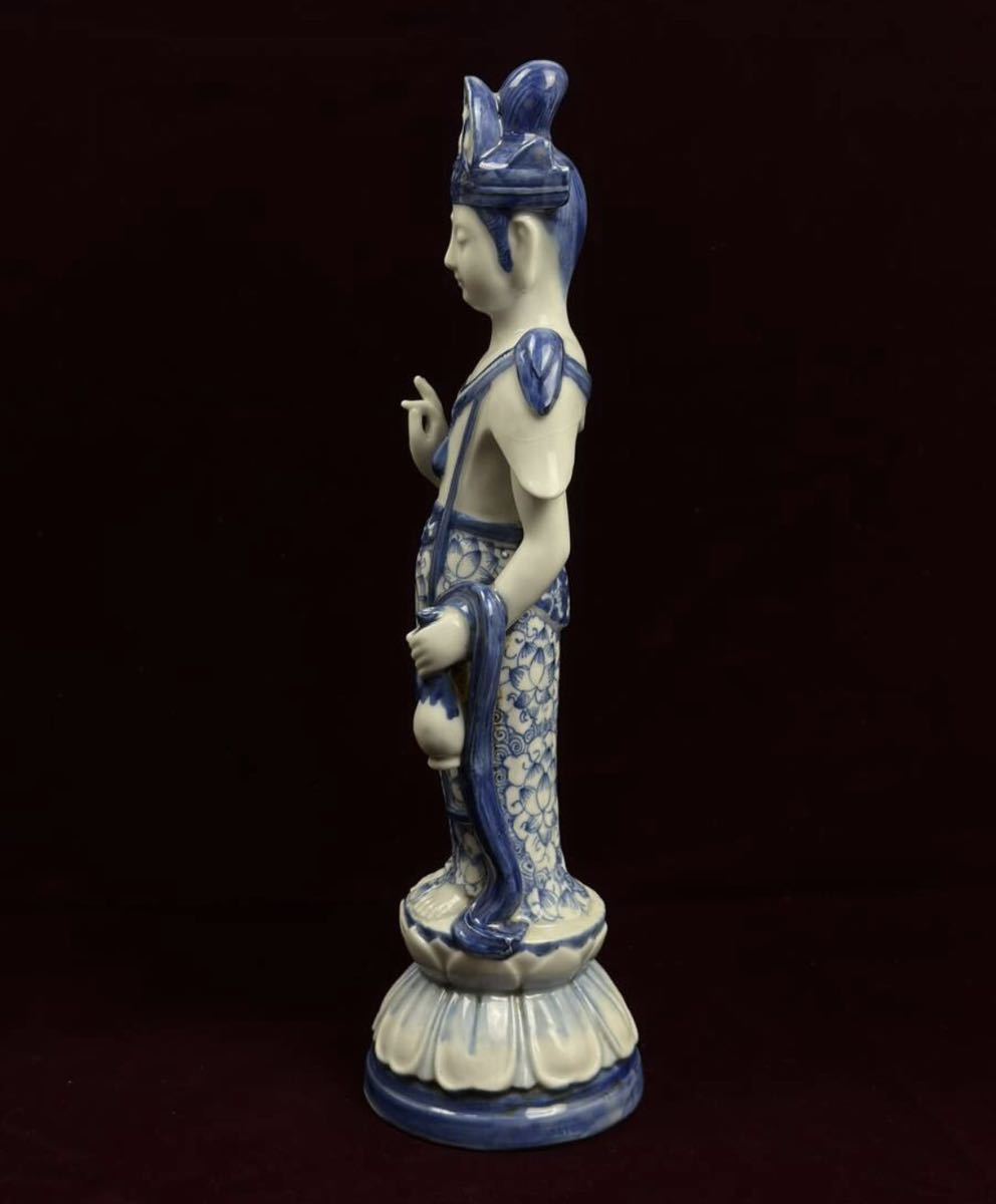 清代 清時代 染付 仏像 観音菩薩像 立像 高さ31.7cm 箱