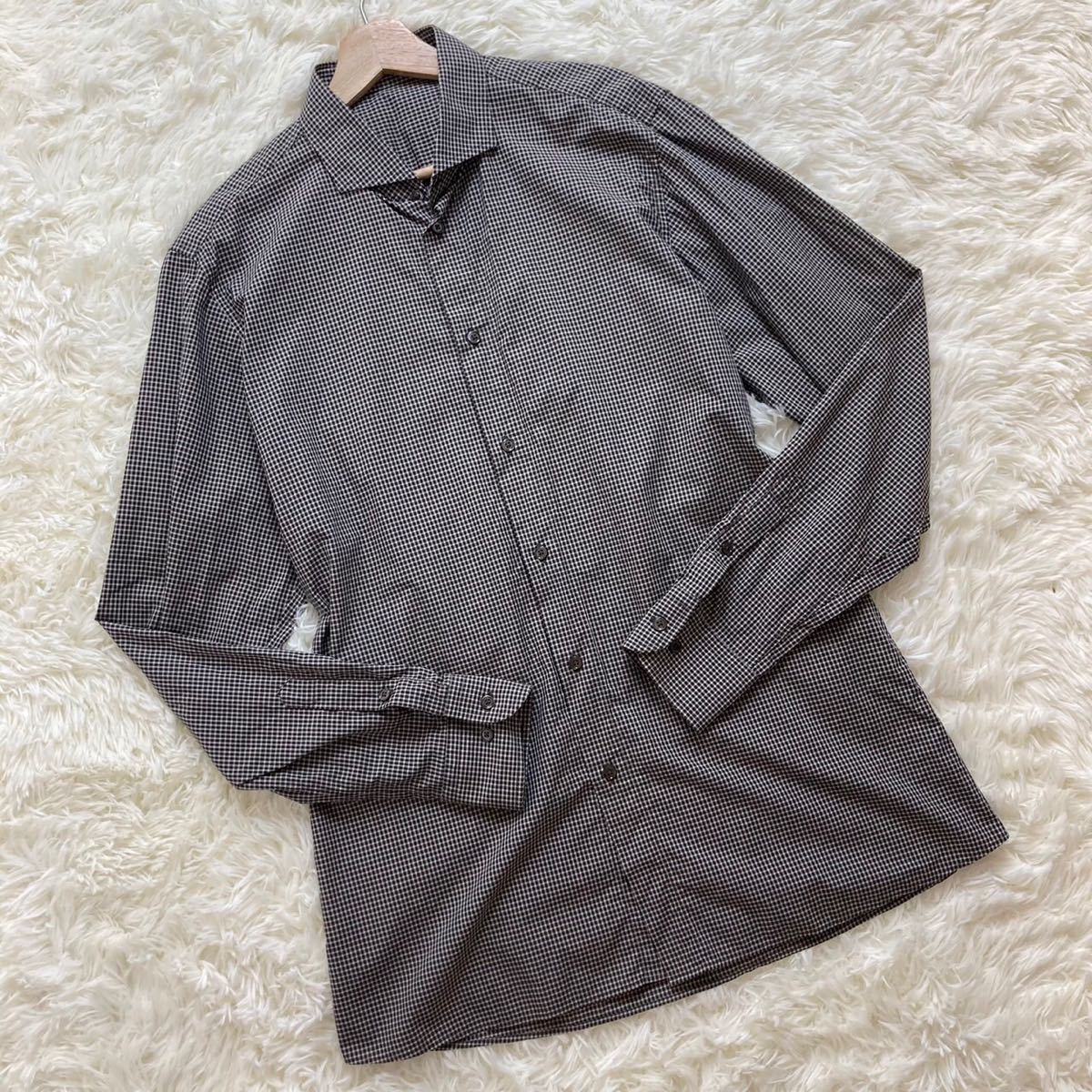 未使用級 ボッテガヴェネタ 長袖シャツ 黒 ブラック コットンポプリン 通年◎ L〜XL位 41 BOTTEGA VENETA グラデーション風 チェック柄