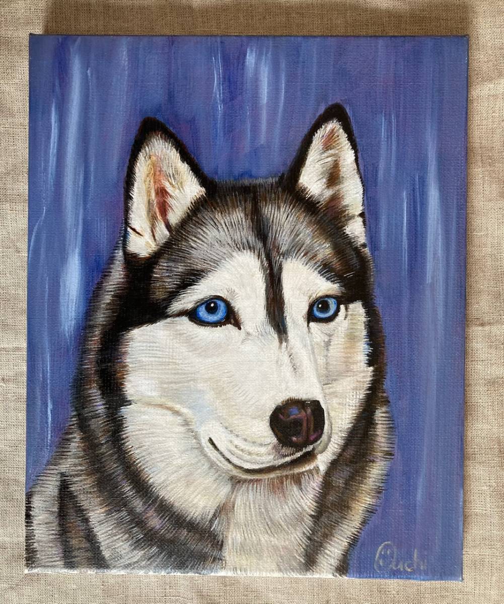犬の絵☆シベリアンハスキー 直筆 アクリル画 イヌのイラスト 