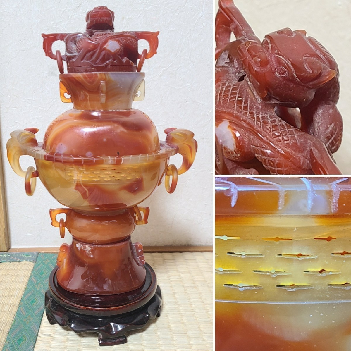 中国 古い 玉石 香炉 瑪瑙 台 瑪瑙 香炉 石 赤瑪瑙 ？ 獅子摘 中国 極上造 遊環 獅子彫刻 古美術
