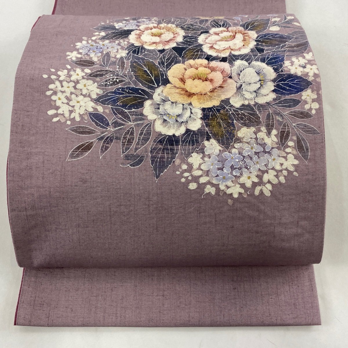 袋帯 美品 秀品 落款 紬地 草花 金彩 紫 お太鼓柄 正絹 【中古】 袋帯 