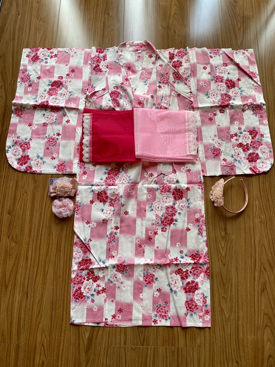 浴衣 ピンク 女子 女の子 6点セット 140cm /小学生 まとめ売り 夏祭り 花火大会 花柄
