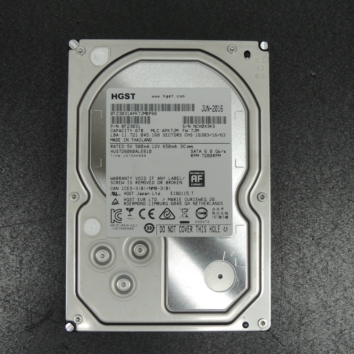 検品済み】HGST 6TB HDD HUS726060ALE610 (使用29258時間) 管理:G-22