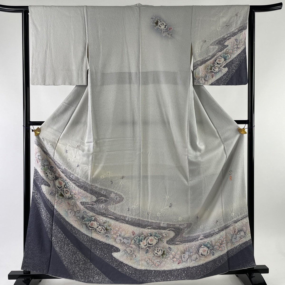 訪問着 名品 翠山工房 落款 辻が花 ぼかし 灰色 袷 身丈163cm 裄丈63cm