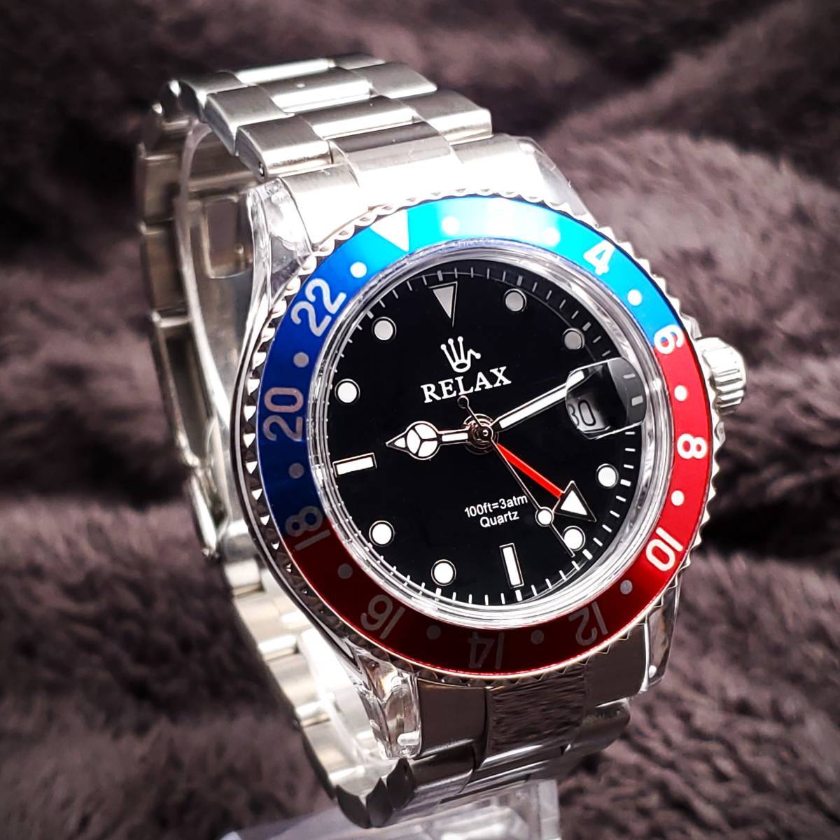 1円UP】リラックス 王冠ロゴ GMT13-S カスタム腕時計 GMT 青/赤 ペプシ 