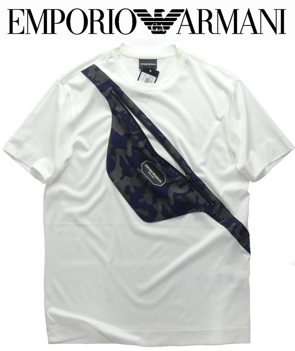 春夏物37，000円新品EMPORIO ARMANIアルマーニ★斜め掛けショルダーポーチが縫い付けられた白Tシャツ【欧米L＝日本L～XL】