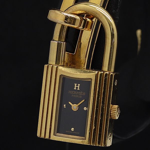 1円 稼働 箱付 エルメス QZ ケリーウォッチ スクエア 黒文字盤 レディース腕時計 5824500STU