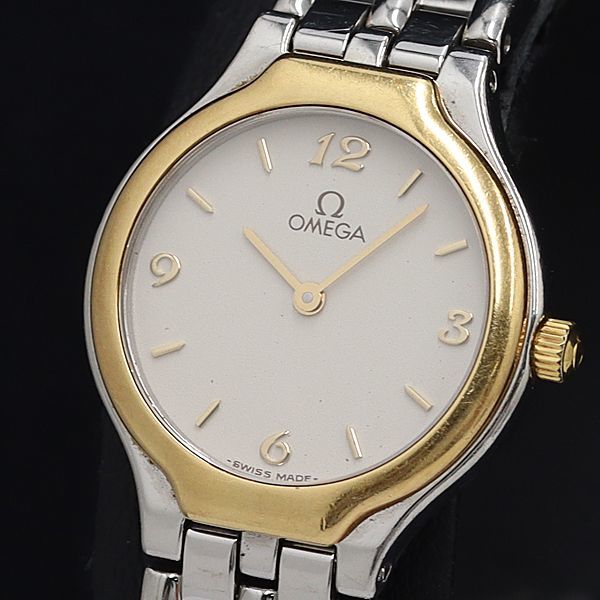 1円 稼働 良品 オメガ デビル 55133722 アイボリー文字盤 QZ レディース腕時計 OGH 0313500