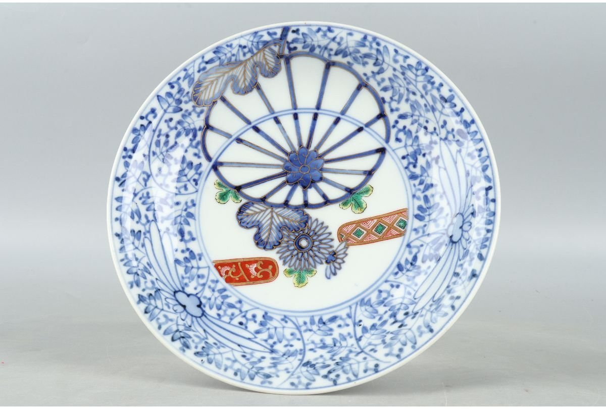 古伊万里 酒井田柿右衛門？ 染錦 花鳥亀文　角福 渦福 骨董 5枚 URA]渦福/国家重要無形文化財指定/十二代 酒井田柿右衛門 作/花草文皿5