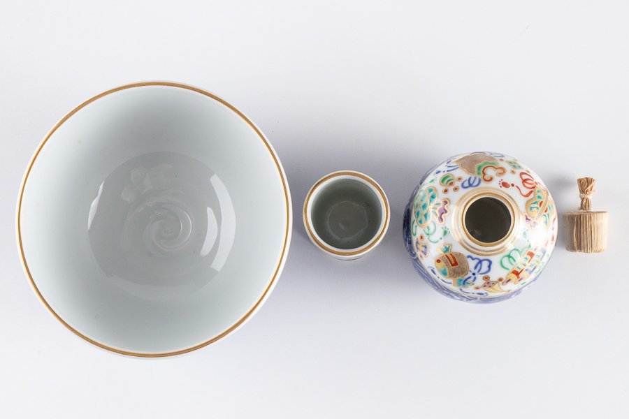 茶道具】『 五山窯 林淡幽 色絵宝尽くし文 三点揃 共箱 16700 』 京焼