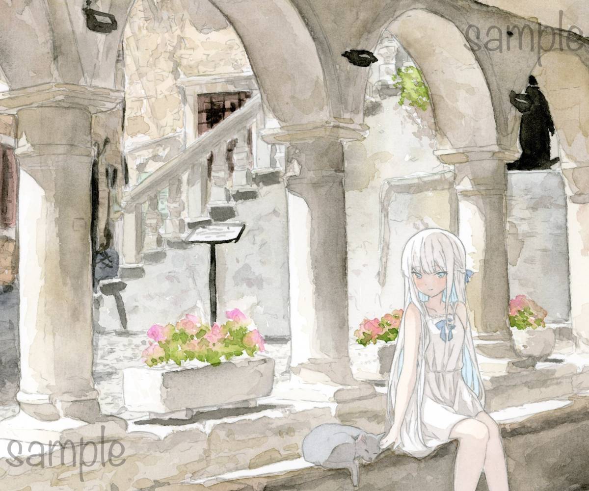 手描きイラスト】オリジナル☆『旅の途中、そこは小さな芸術の村』☆原画☆