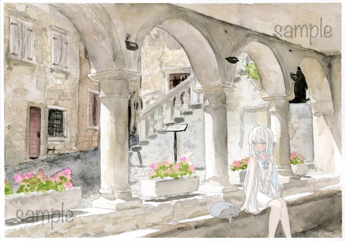 手描きイラスト オリジナル 旅の途中 そこは小さな芸術の村 原画 A4 