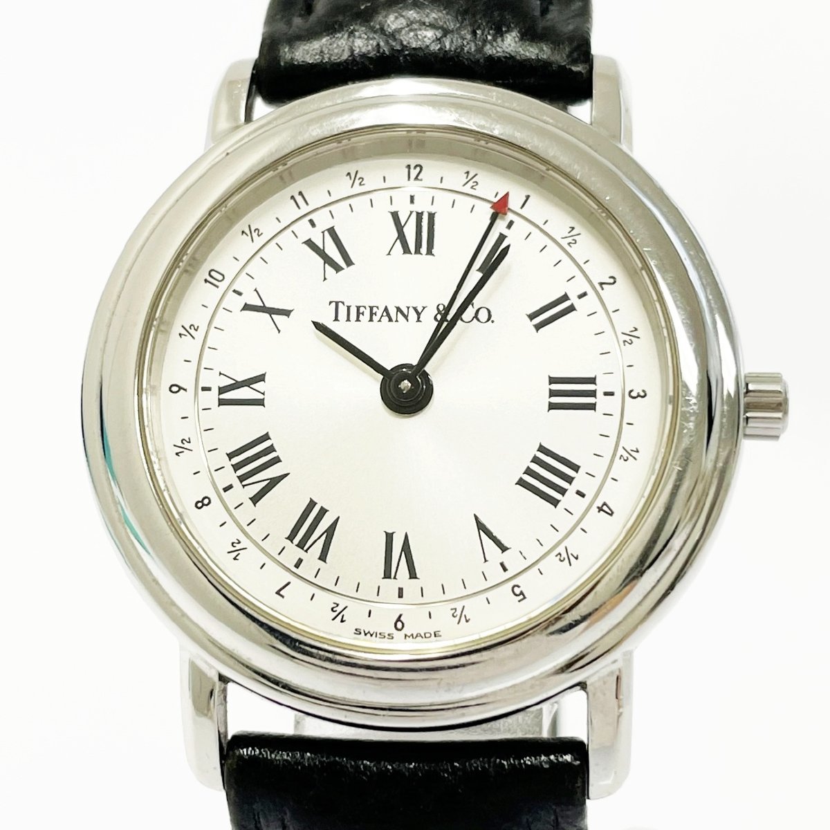 【1円スタート】【箱付き・訳あり品】TIFFANY&Co. ティファニー 25-340 SS×革ベルト シルバー文字盤 クオーツ ボーイズ腕時計 185443