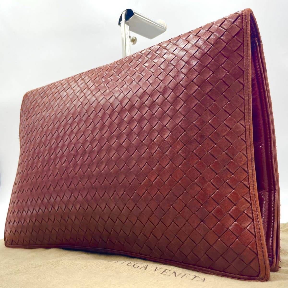 1円【美品】ボッテガヴェネタ BOTTEGA VENETA クラッチバッグ セカンドバッグ ビジネス バック A4可 レザー イントレチャート 編み込み 赤