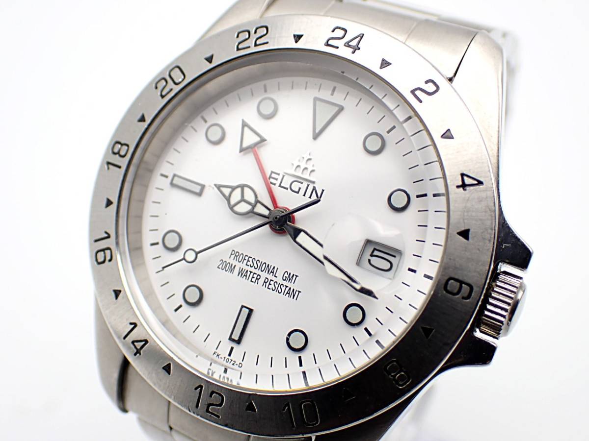 人気定番，SALE 1000円スタ ELGIN エルジン プロフェッショナル GMT 200M FK-1072-D QZ SS デイト 白文字盤 メンズ腕時計 56662(エルジン)｜売買されたオークション情報、yahooの商品情報をアーカイブ公開 - オークファ エルジン