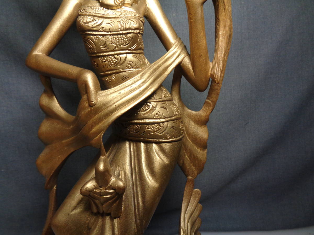 ◇インドネシア バリ島 木彫/女性像/金色張・全高約48cm/彫刻