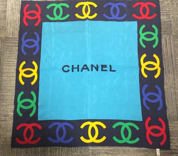 １円～ CHANEL シャネル スカーフ ネイビーｘブルー ココマーク 総柄 シルク100％