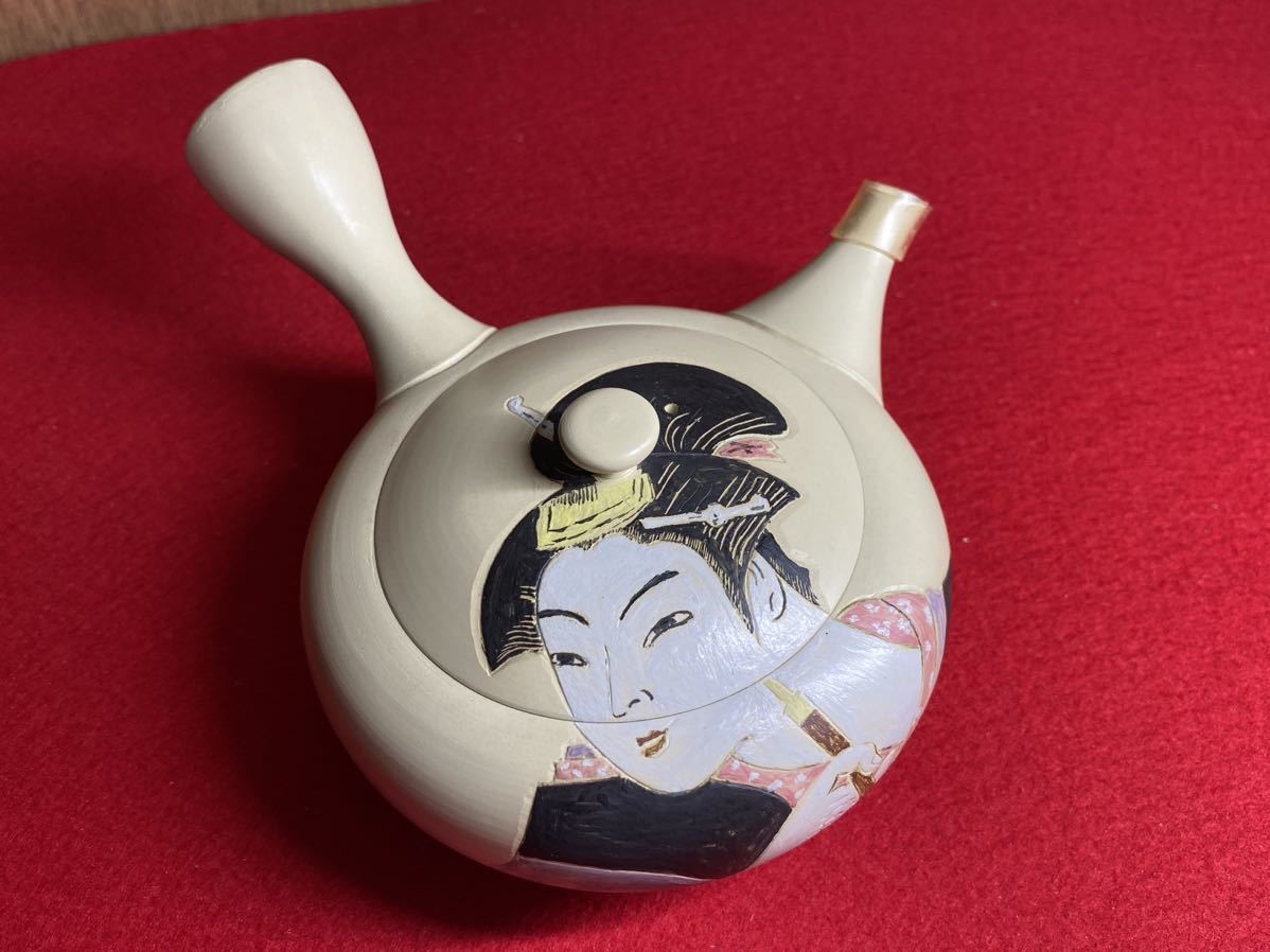 Ｃ３ー新品未使用【 常滑焼？ 浮世絵 花魁図 高級急須 ( 作家物・判読不明 ) 】＞芸術品 美術品工芸品 煎茶道具 茶注 | 常滑焼 常滑焼急須