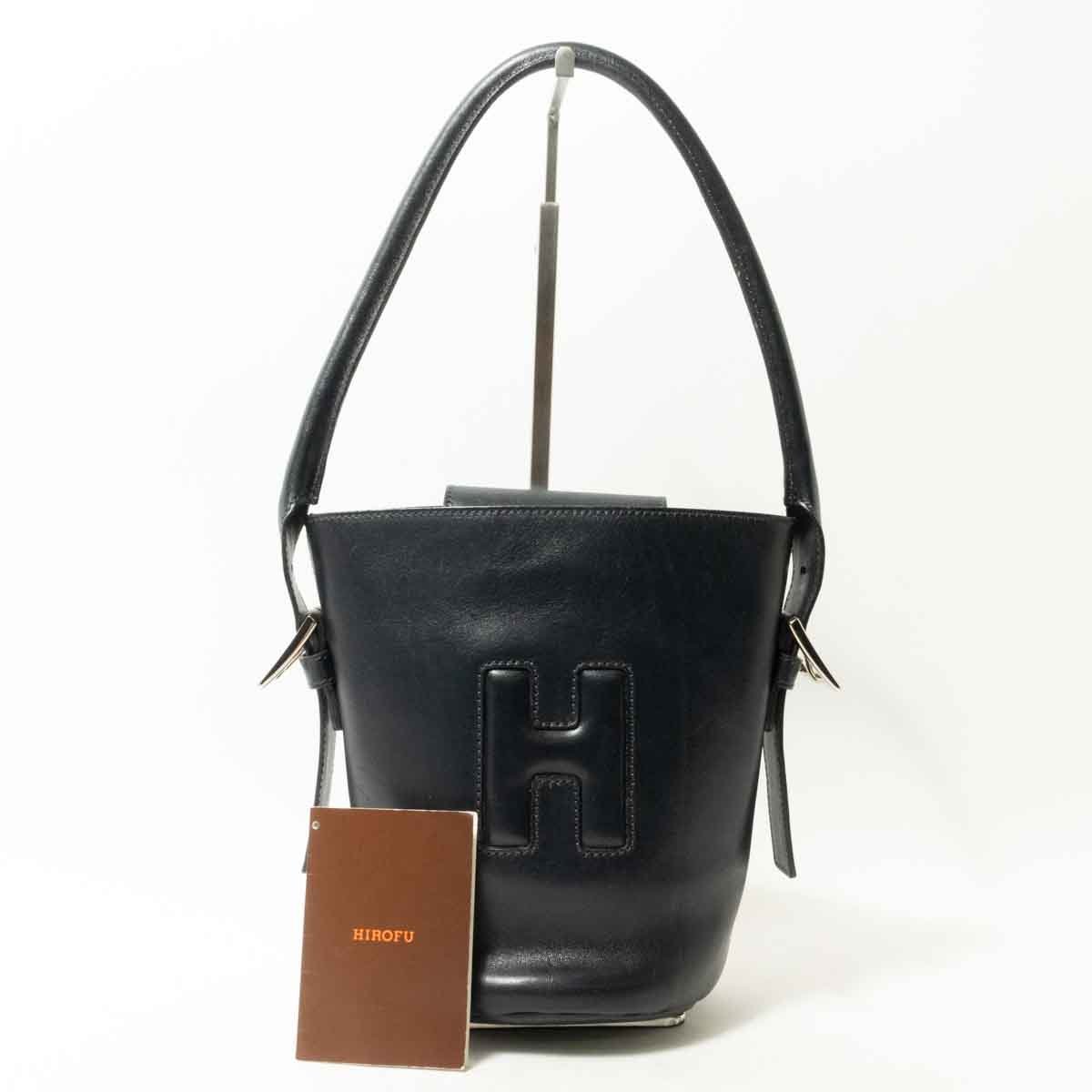 【1円スタート】HIROFU ヒロフ ショルダーバッグ 肩掛け レザーバッグ ハンドバッグ ダークネイビー イタリア製 レザー 牛革 スエード ロゴ