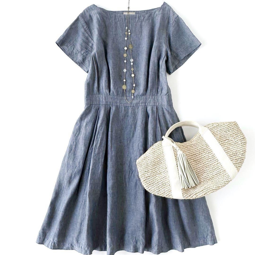 マーガレットハウエル 麻 リネン100% ワンピース ボートネック ブルー系 青 サイズ1 MARGARET HOWELL ウエスト切替 タック ナチュラル