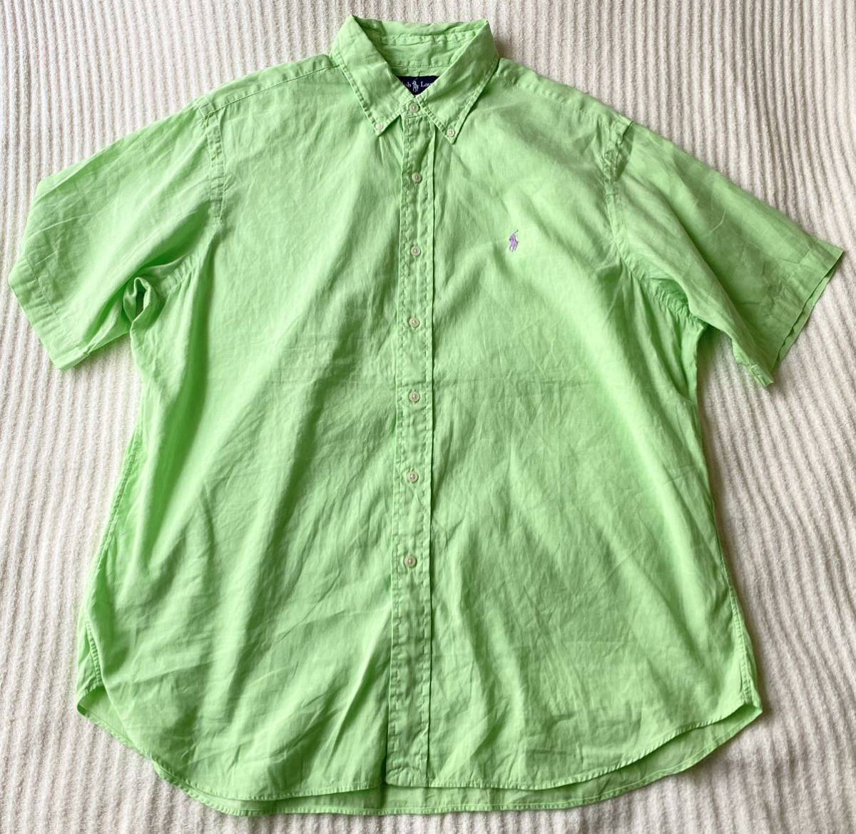 RALPH LAUREN ラルフローレン 半袖シャツ ボタンダウンシャツ コットンリネン ネオングリーン　レアカラーXL ビッグサイズ　90’s y2k