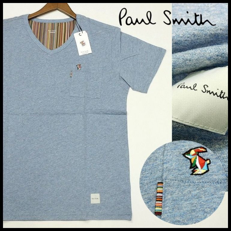 B2451a 新品 1円～★ポールスミス Paul Smith★L サックス マルチストライプ Vネック Ｔシャツ マルチラビット刺繍 半袖カットソー メンズ