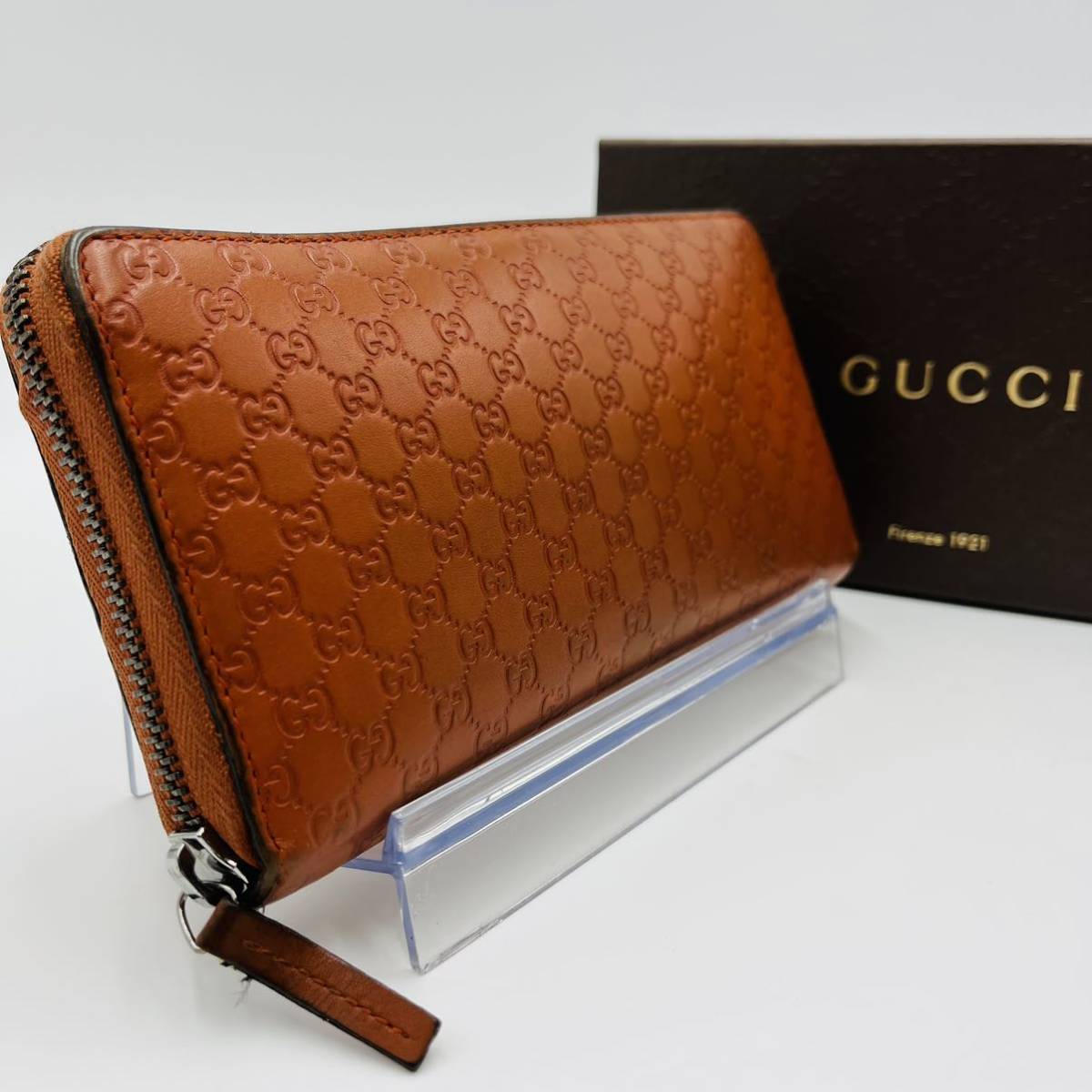 1円 《付属品有・入手困難》 GUCCI グッチ 長財布 マイクロシマ GG ラウンドウォレット レザー 本革 オレンジ ブラウン メンズ レディース
