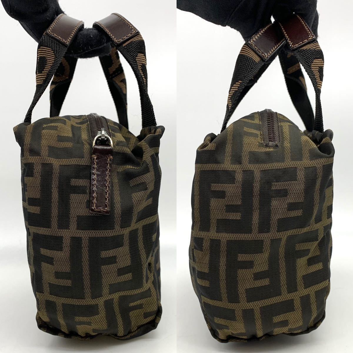 極 美品 袋付き FENDI フェンディ ズッカ FF 柄 ロゴ 金具 キャンバス 