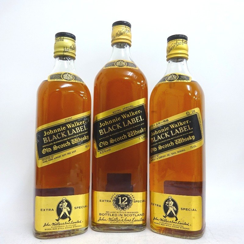 ウイスキージョニーウォーカー ブラックラベル 12年 黒金キャップ 3本セット 750/1000ml