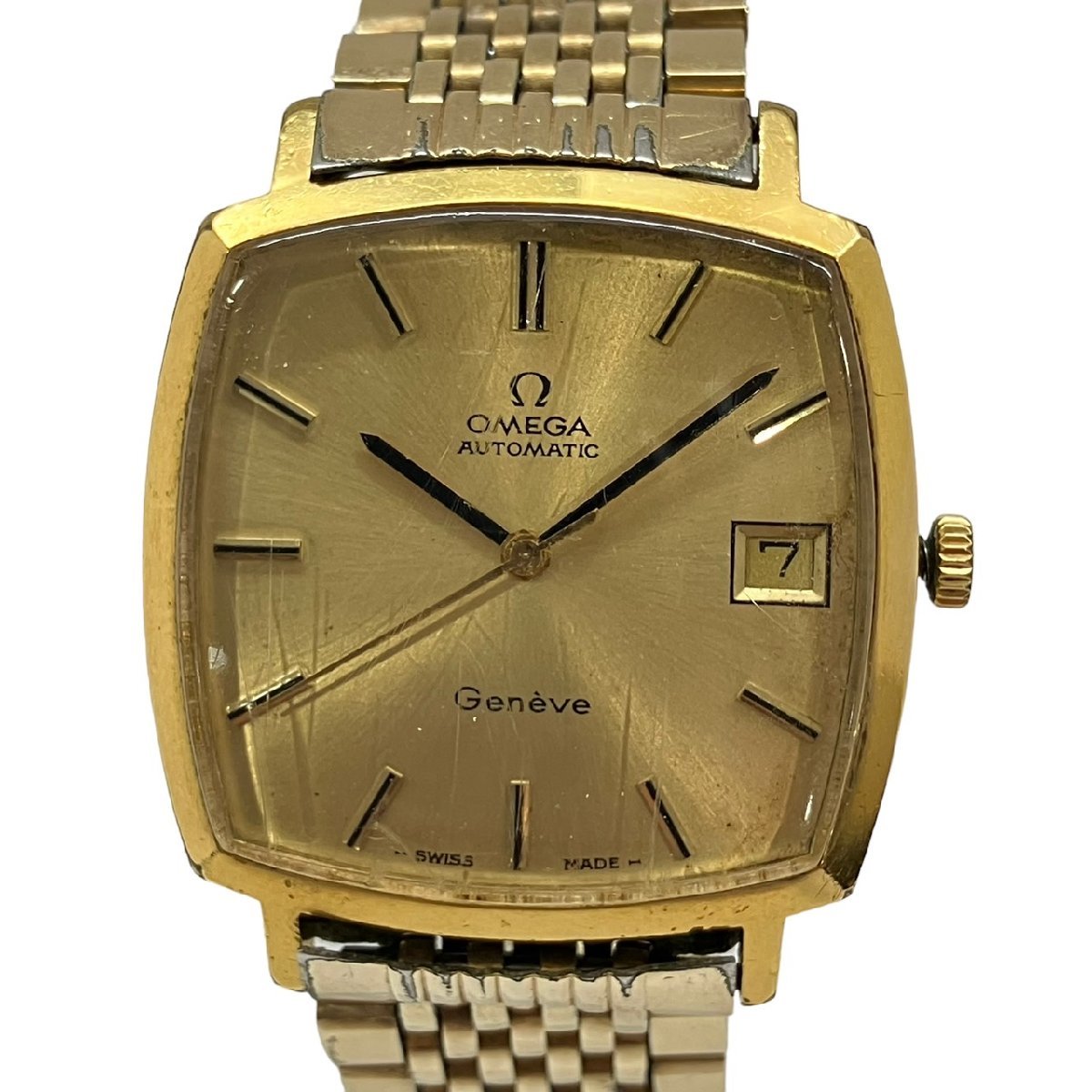 OMEGA オメガ ジュネーブ スクエア メンズ腕時計 GP/SS 金文字盤 cal 