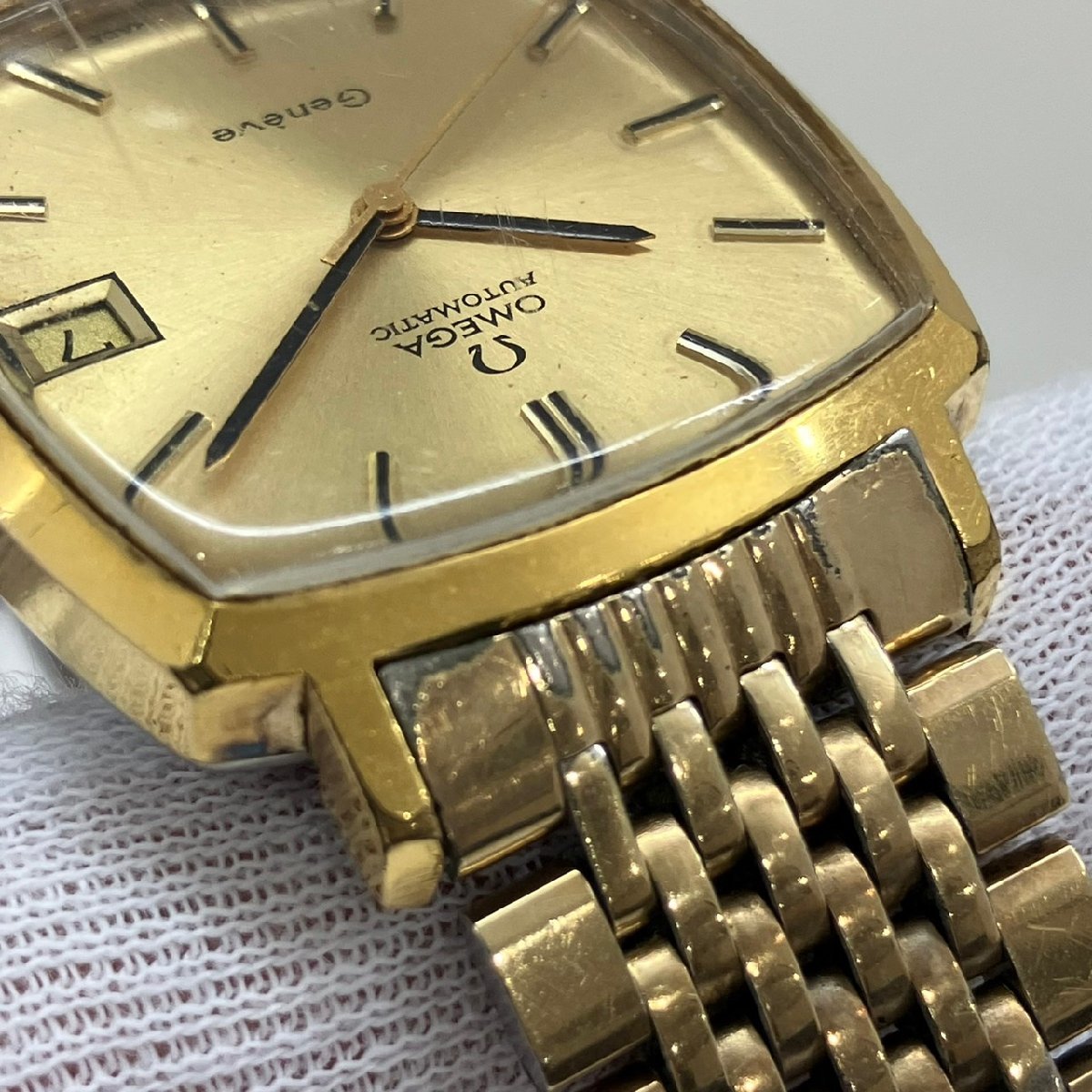 OMEGA オメガ ジュネーブ スクエア メンズ腕時計 GP/SS 金文字盤 cal 