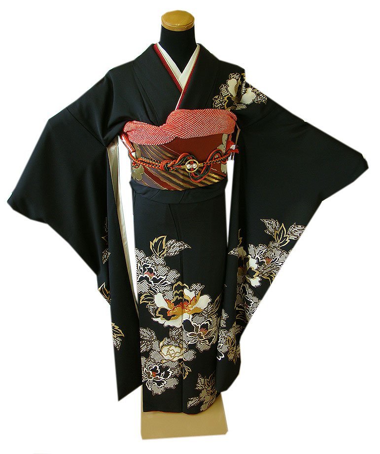 美品 成人式 縮緬地 振袖・袋帯・帯〆・帯揚・重ね衿 5点 正絹 Ｌ359 時代屋 裄68.6cm ロング寸 縮緬地 振袖 西陣織 袋帯 帯〆 帯揚 重ね
