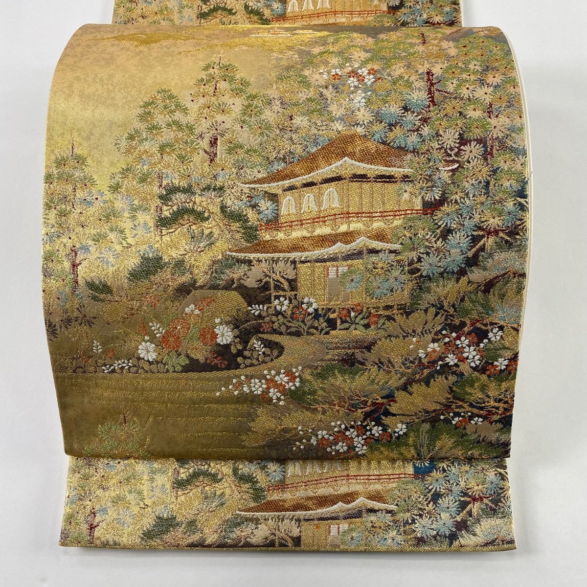 袋帯 美品 秀品 風景 金閣寺 金糸 刺繍 金色 六通 正絹 【中古 