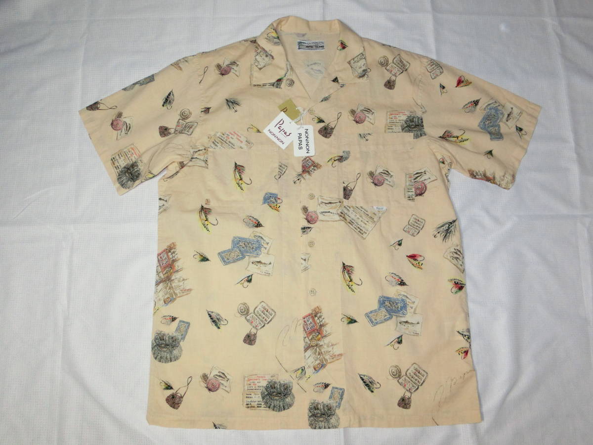 PAPAS　ISLAND パパス アイランド　半袖シャツ　アロハシャツ　釣り　ルアー　フィッシング柄　Ｍサイズ　綿100％　未使用品