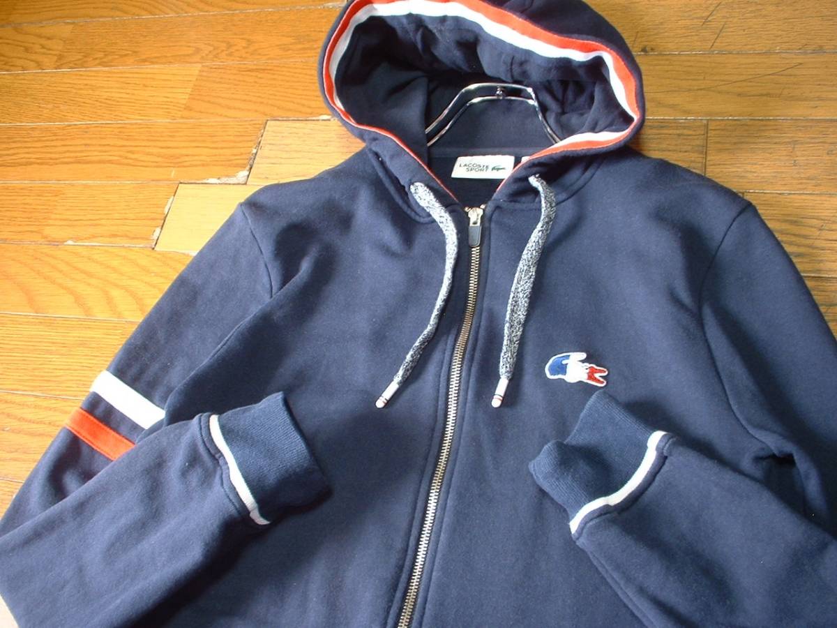 高級LACOSTEトリコロールワニスウェットジップパーカー美品3正規SH7608 