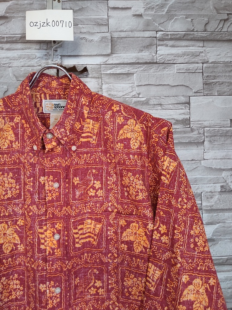 men's F453 REYN SPOONER レインスプーナー ラハイナセイラー 長袖 アロハシャツ M レッド系