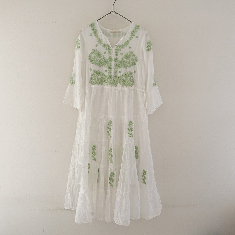 ヌキテパ ne Quittez pas *コットンキーネック刺繍ティアードワンピース*S綿フレアドレスロング薄手(25-2308-228)【11I32】