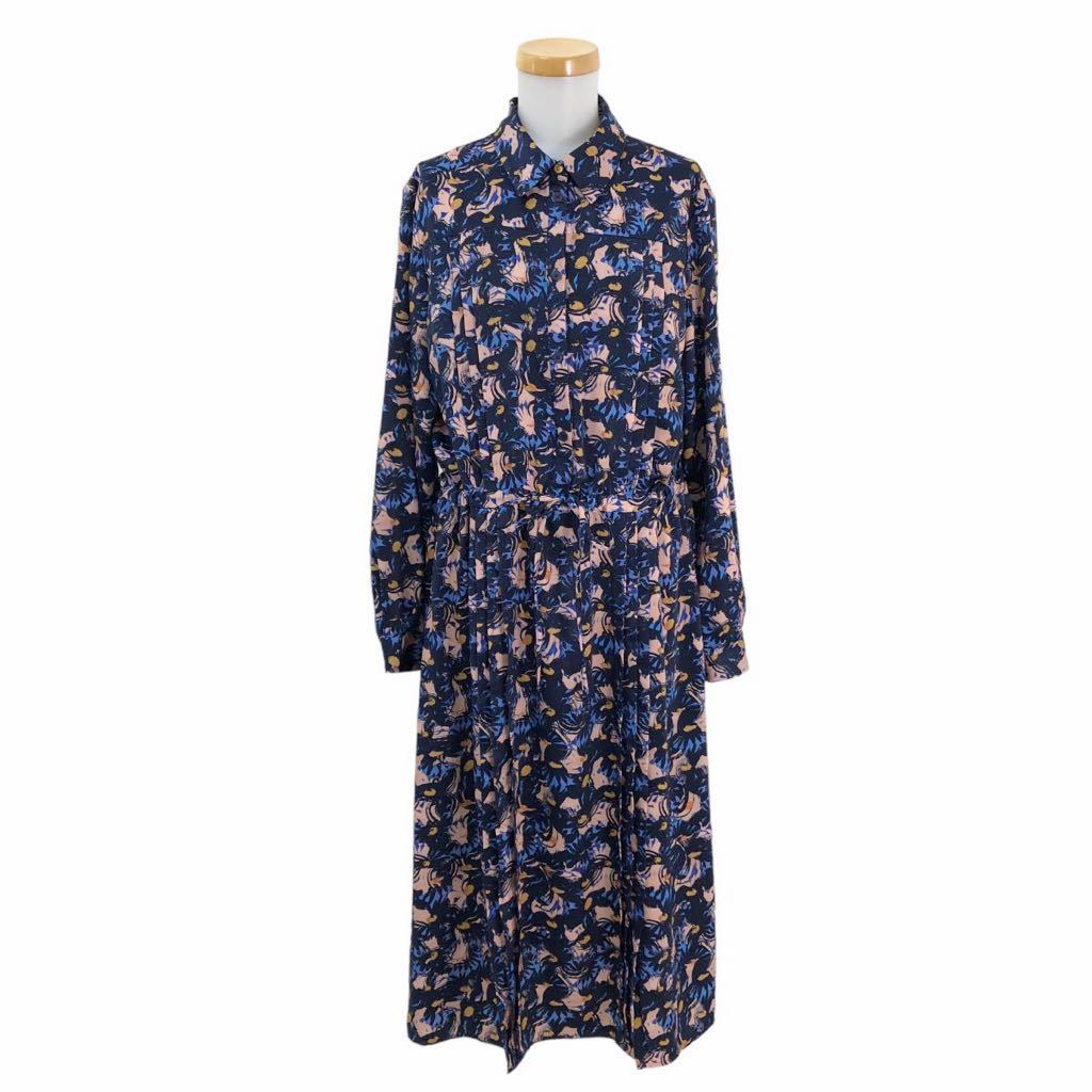 Nm152 大きいサイズ 美品 PS Paul Smith ポールスミス 総柄 長袖 シャツワンピース ロング ワンピース ワンピ ハーフボタン ネイビー系 44L