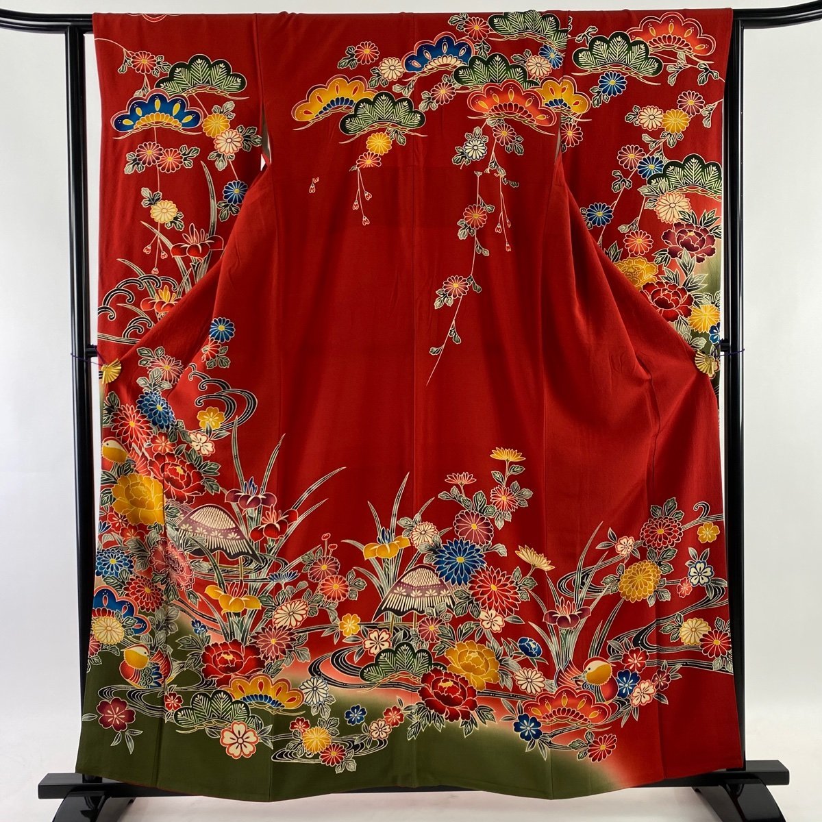 振袖 美品 名品 草花 鴛鴦 ぼかし 染め分け 赤 袷 身丈160cm 裄丈63cm S