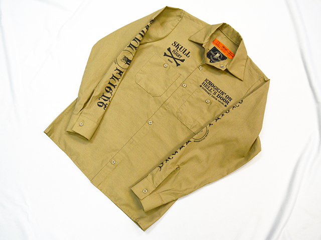 バイカーズブランド「SKULL FLIGHT・スカルフライト」のバイク乗り専用ワークシャツ-スカルヘッド-(BEG/S)アイアンハート/WEST RIDE