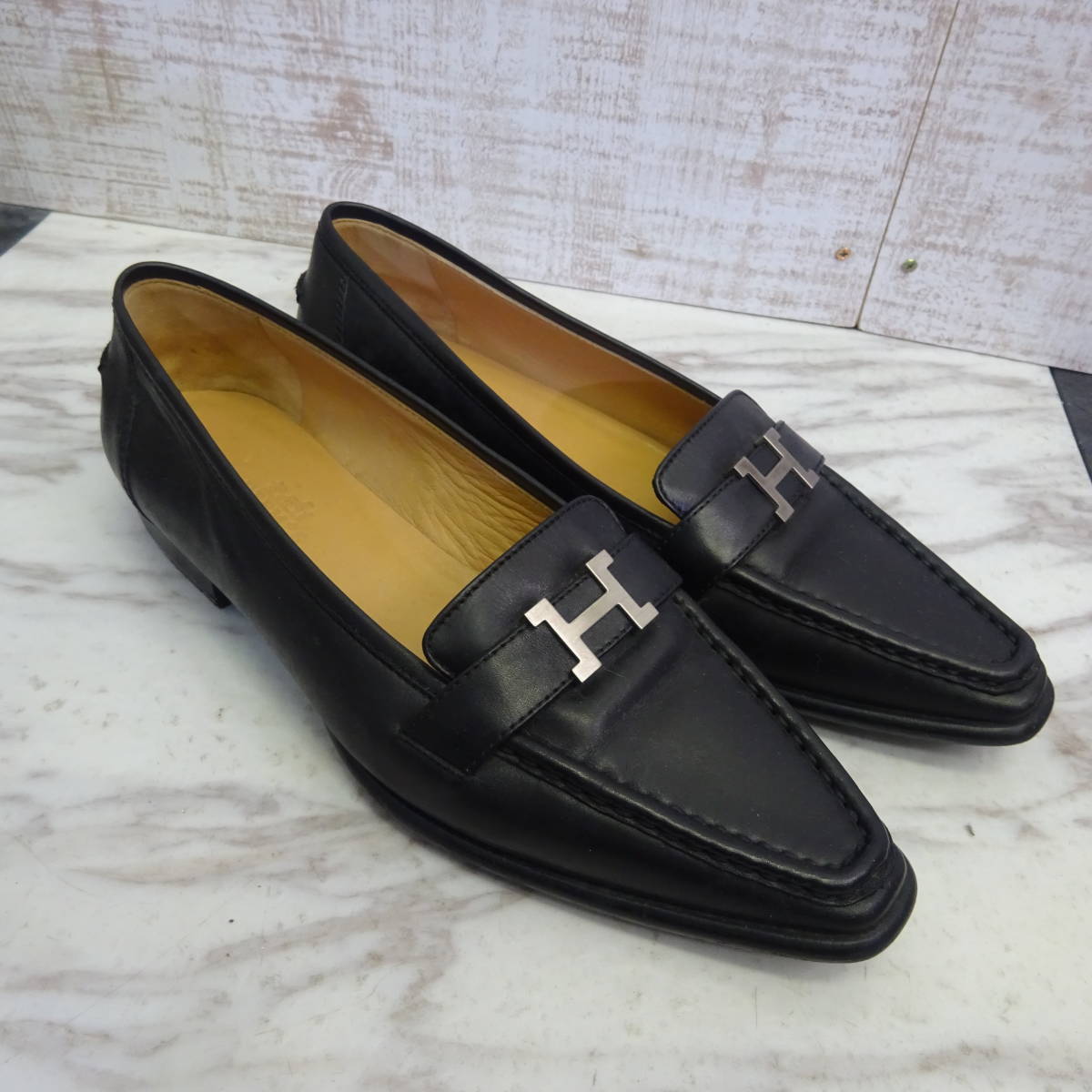 HERMES エルメス Hロゴ ゴールドロゴ ローファー ブラック 黒 HERMES