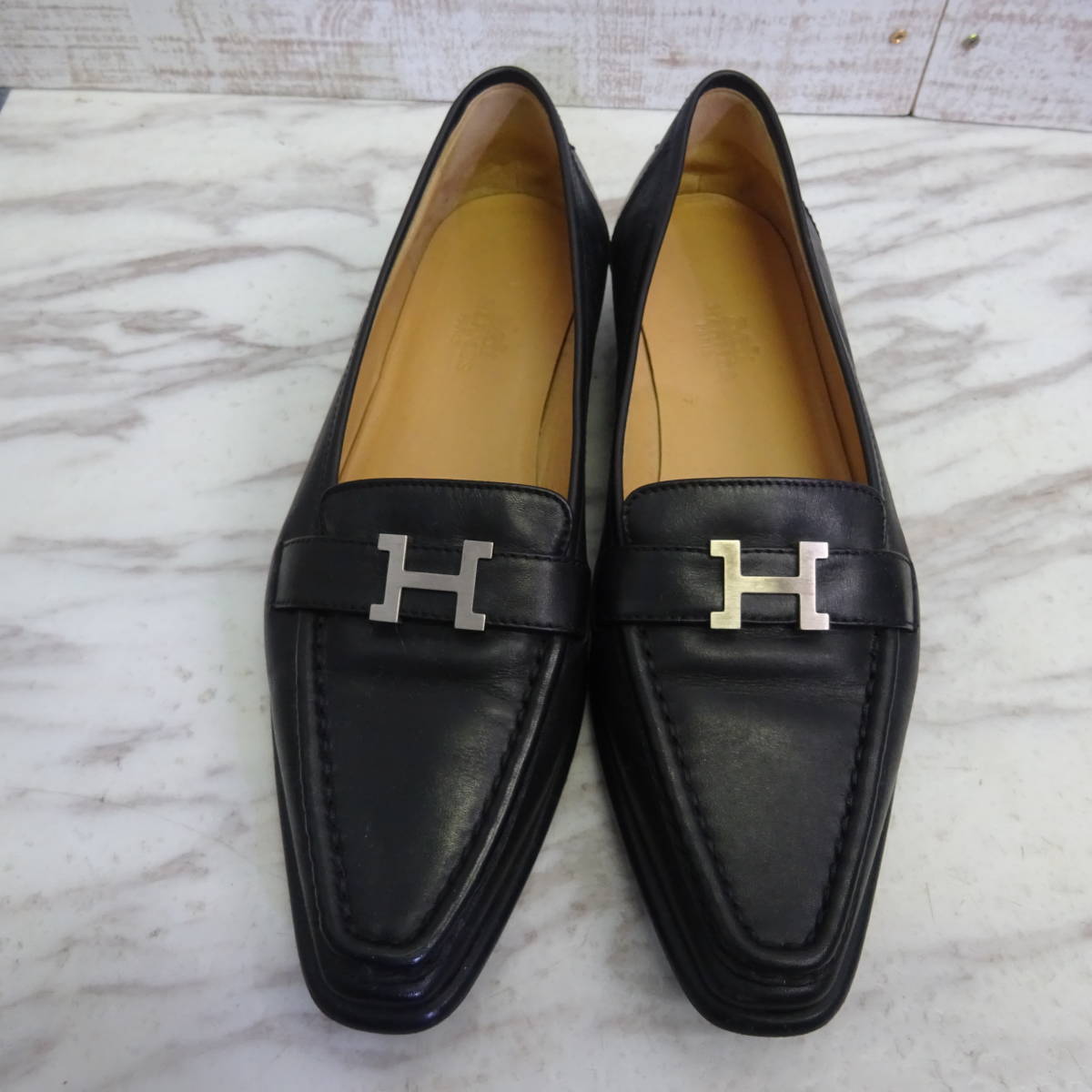 HERMES エルメス Hロゴ ゴールドロゴ ローファー ブラック 黒 HERMES