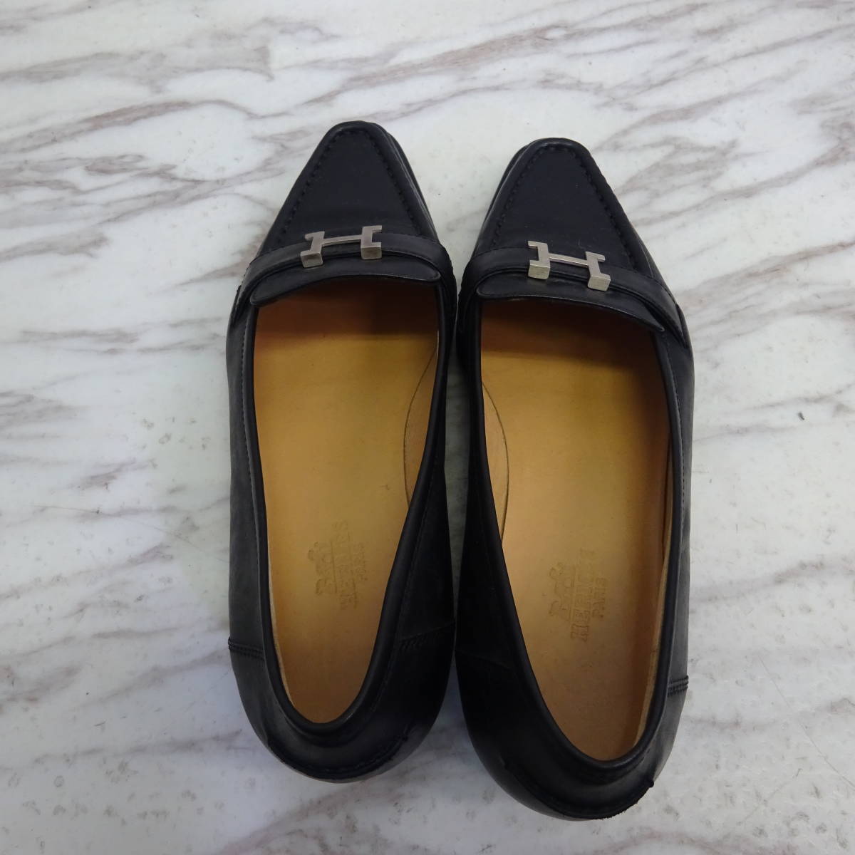 HERMES エルメス Hロゴ ゴールドロゴ ローファー ブラック 黒 HERMES