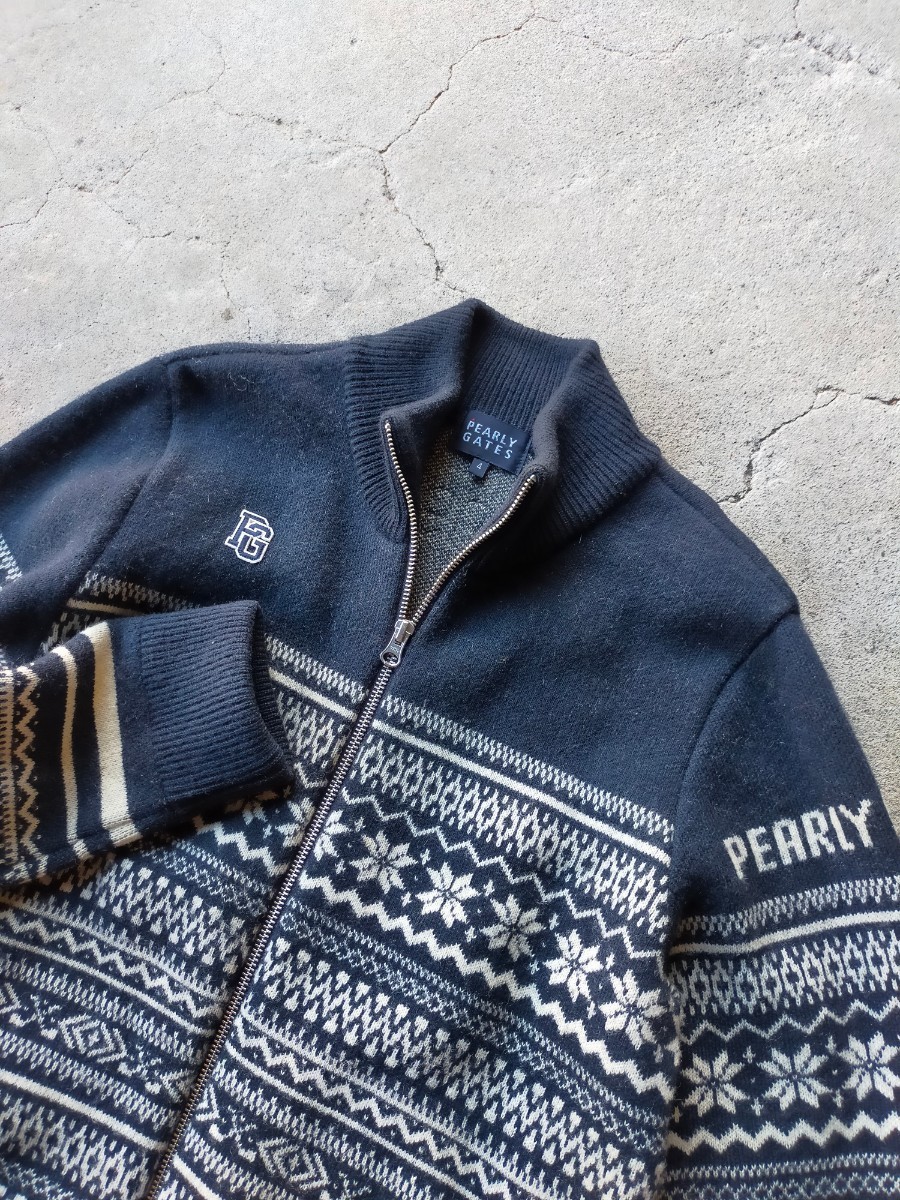 日本製【極美品】PEARLY GATES 86 PG フルジップ ウール セーター 4 パーリーゲイツ バーズアイ 雪柄 マスターバニー ノルディック ゴルフ