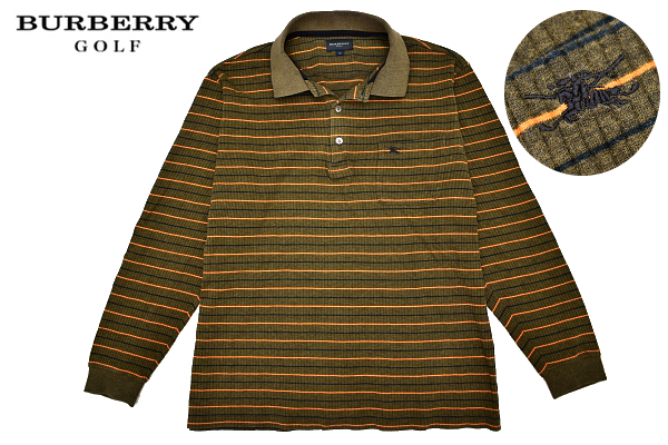Y-6515★送料無料★BURBERRY GOLF バーバリー ゴルフ★正規品 胸ロゴ刺繍 カーキグリーン ボーダー 長袖 ポロシャツ Ｌ