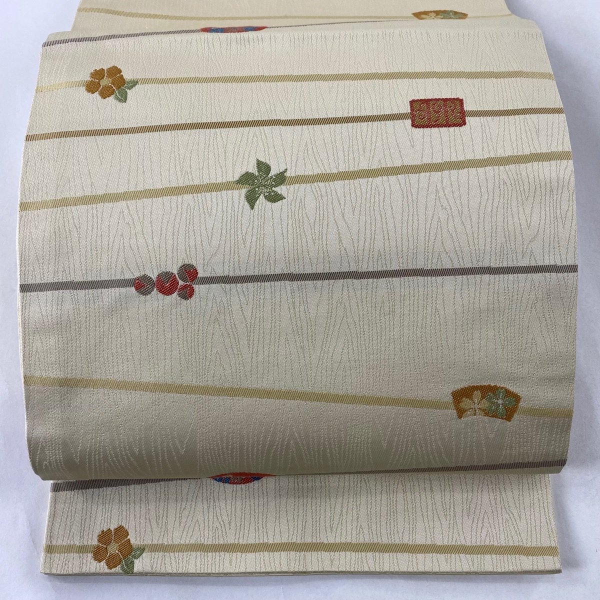 袋名古屋帯 秀品 草花 縞 ベージュ 正絹 【中古】