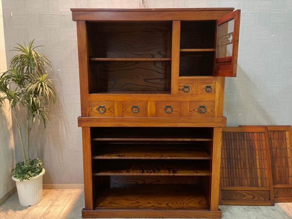 美品 松本民芸家具 最高級水屋箪笥 約208万円 欅材 金具箪笥 食器棚