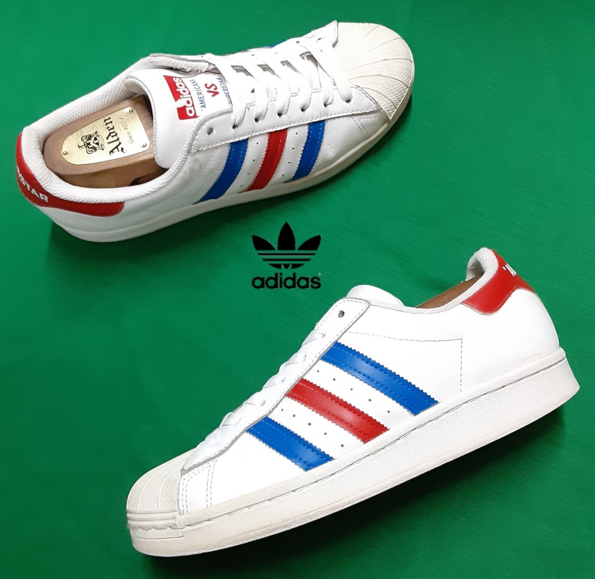 最値!19年製!ヴィンテージ復刻!王道トリコロール!アディダス スーパースター高級スニーカー!ホワイト×レッド×ブルー!白赤青 希少 25cm