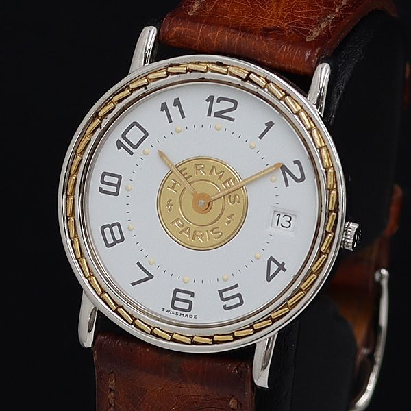 1円 エルメス セリエ 161313 QZ 白文字盤 デイト メンズ腕時計 OGI 0013200